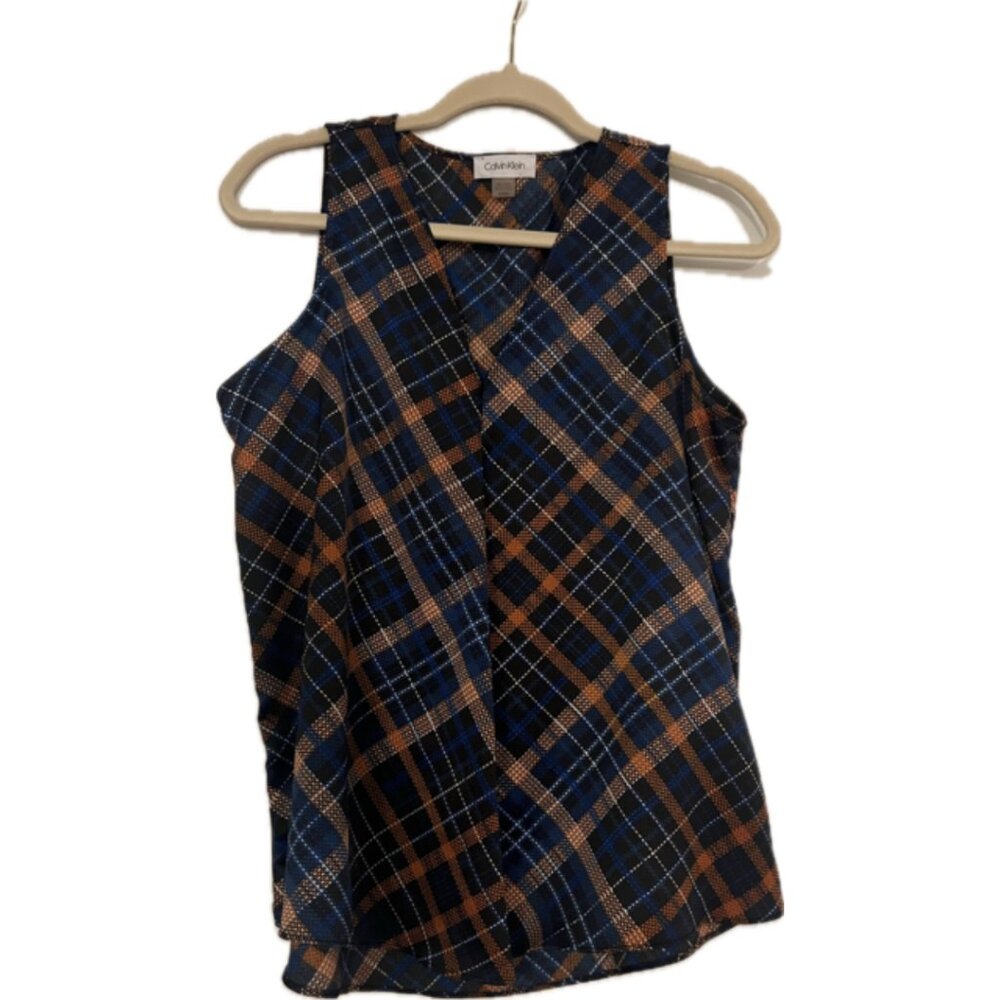 Calvin Klein Blue & Orange Plaid Sleeveless Blouse